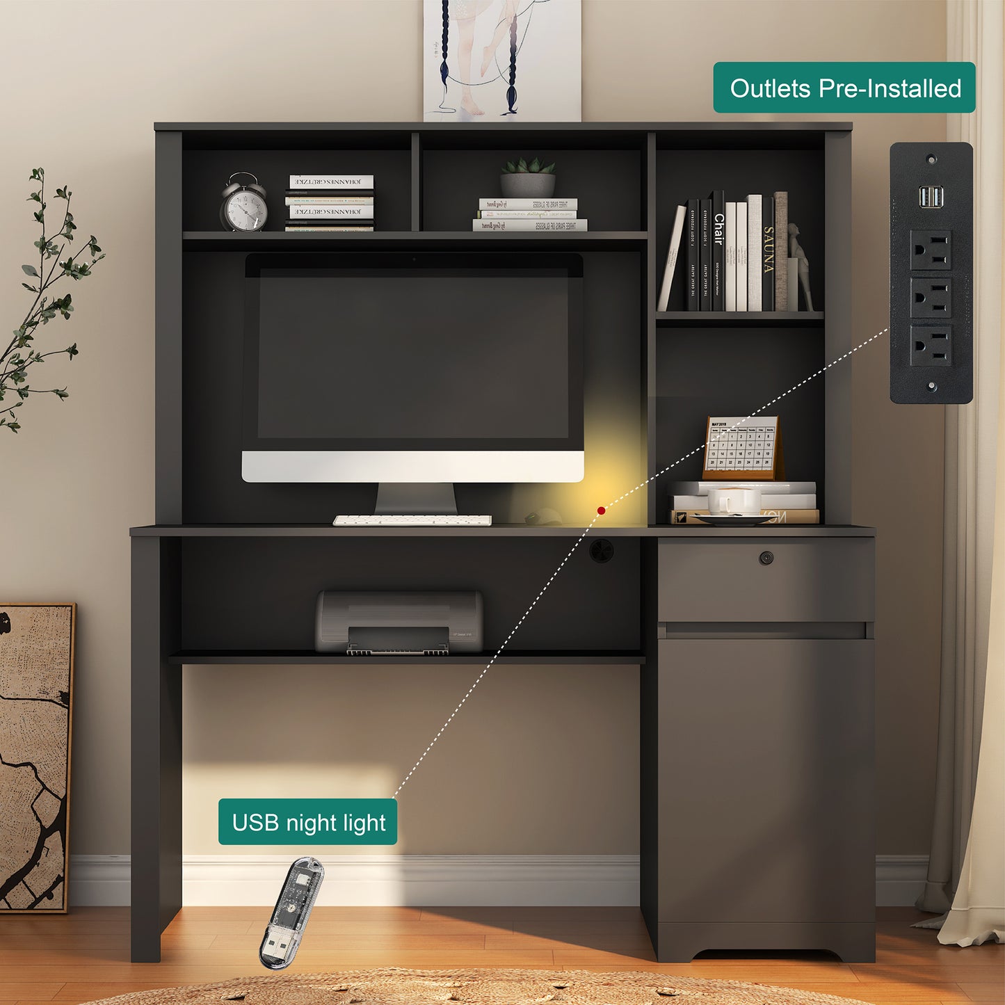 Scrivania con Libreria, Cassetti e Porte USB – Organizzazione Intelligente per il Tuo Spazio Studio o Ufficio